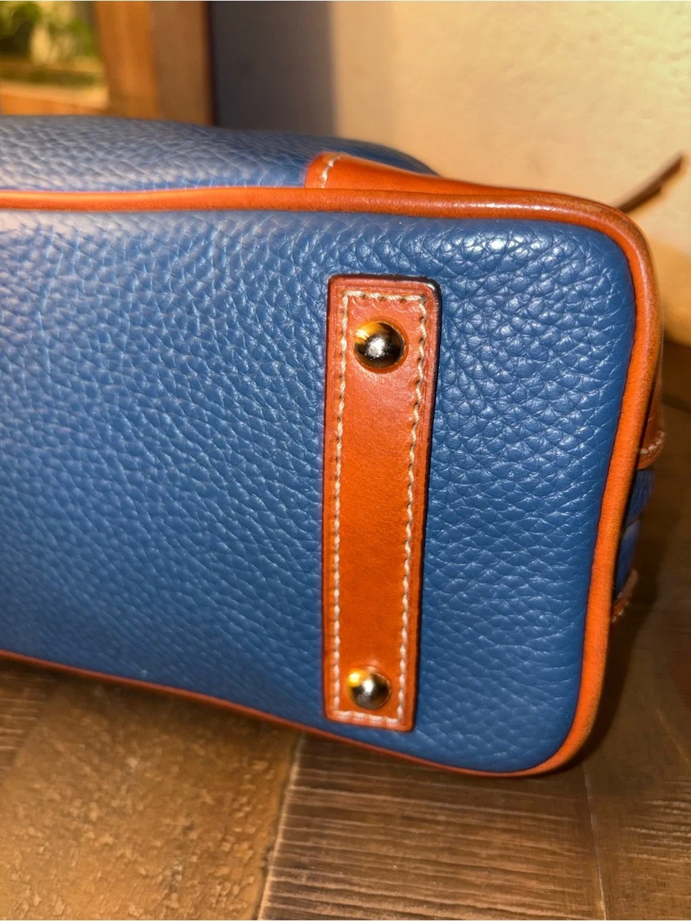 Dooney & Bourke Pebbled Leather Hobo Shoulder Bag – Blue with British Tan Trim - Picture 7 of 13